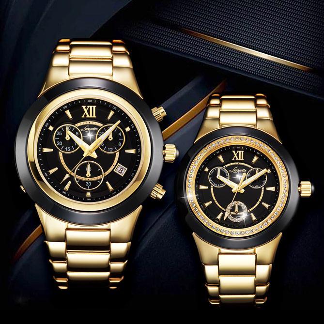 Conjunto de Relógios “MAJESTIC”: Caixas e braceletes em aço rematado a Ouro de lei