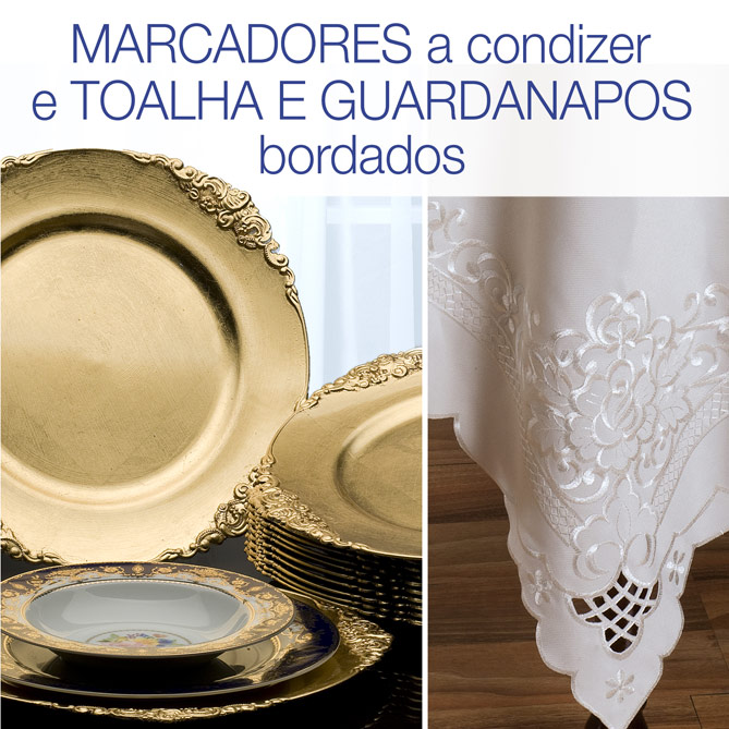 Conjunto de Mesa “Porcelaine Royale”: 12 Marcadores dourados a condizer e uma Toalha de Mesa e 12 guardanapos bordados