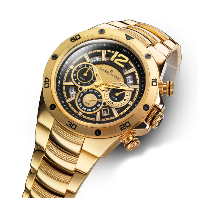 Relógio “Absolute Gold”: Caixa, coroa, bracelete e fecho 100% aço cirúrgico com acabamento a ouro de lei mediante tratamento IPG