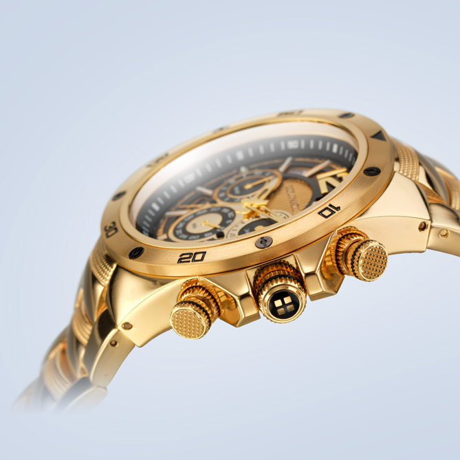 Relógio “Absolute Gold”: Ponteiros e marcas horárias fluorescentes