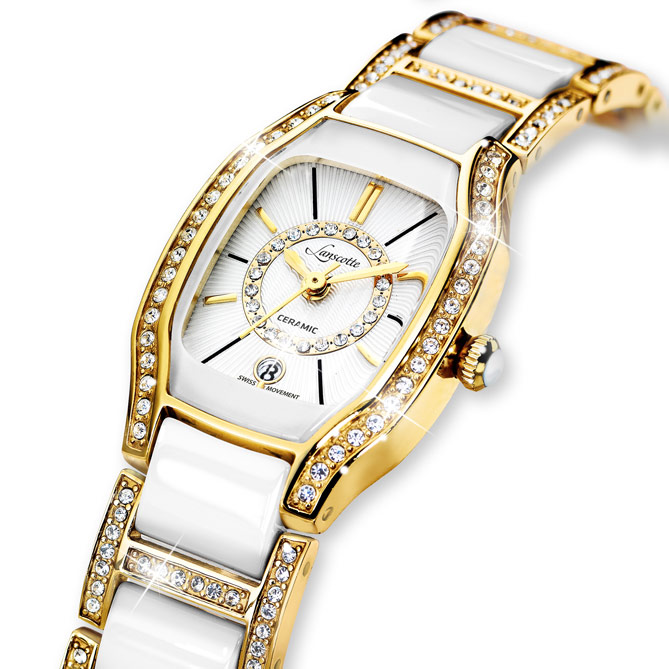 Relógio-Joia “BIANCA Ceramic”: Caixa e coroa em aço com acabamento em Ouro de lei IPG