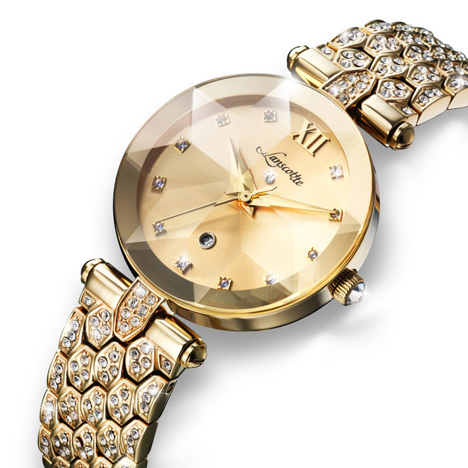 Relógio-Joia GOLD DIAMOND: Caixa, bracelete e coroa em Aço 316L cirúrgico e antialérgico, com acabamento em Ouro de lei IPG