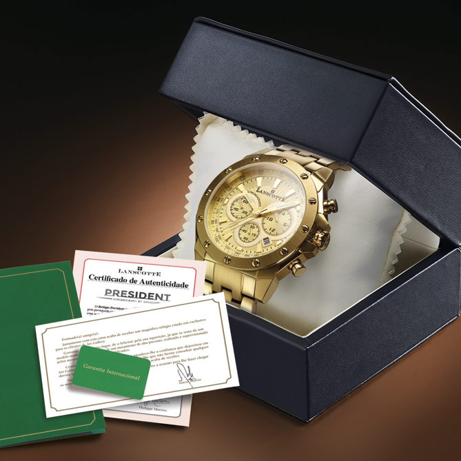 Relógio-Cronógrafo “PRESIDENT”: Apresentado num elegante estojo e acompanhado pelo correspondente Certificado de Autenticidade