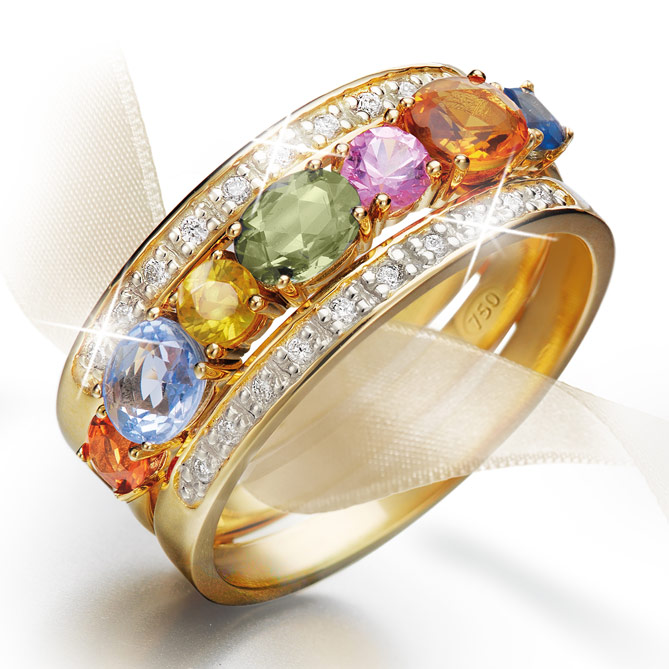 Anel “Feitiço de Safiras”: Ouro de lei, Diamantes e Safiras multicolor